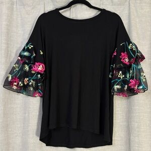 Kim & Cami Black Top with Sheer Floral Sleeves
